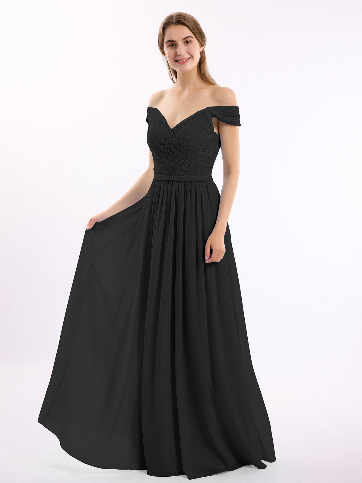 Long Cap Sleeves Chiffon Dress with Lace Top Plum